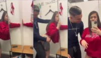 Mc Mayara calentando ante un aficionado en el vestidor