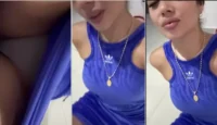 Alejandra, todo caliente con vestido azul, balanceándose al tramposo
